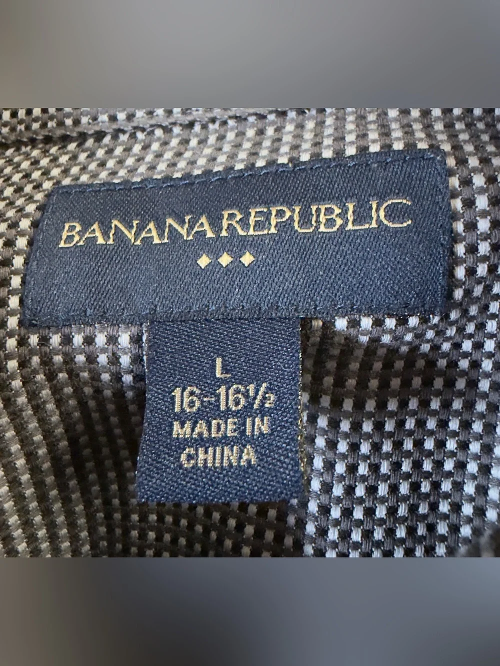 Banana Republic Mens Large Charcoal Gray White Micro-Check Dress Shirt 16-16.5